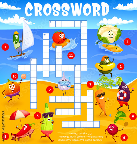 Cartoon vegetables on summer beach  crossword puzzle game grid vector quiz worksheet. Cross word with vegetables on vacations  carrot  pumpkin and avocado on surfboard  garlic and cucumber on beach