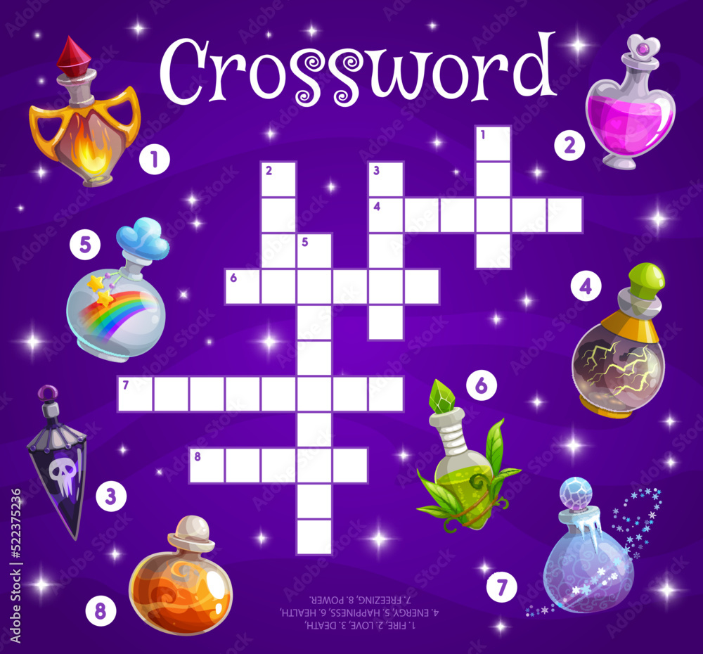 Magic potion bottles on crossword grid worksheet. Find a word quiz game