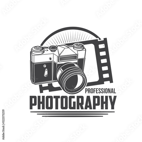 Photography school icon, photo camera and film vector emblem for photographer studio. Photograph professional school and education of photo capture, retro camera with flash