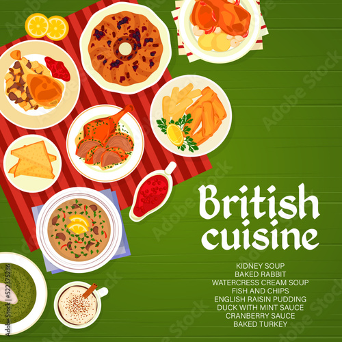 British cuisine menu cover template. Cranberry sauce  duck with mint sauce and baked rabbit  baked turkey  English pudding and watercress cream soup  fish with chips  Irish coffee and kidney soup