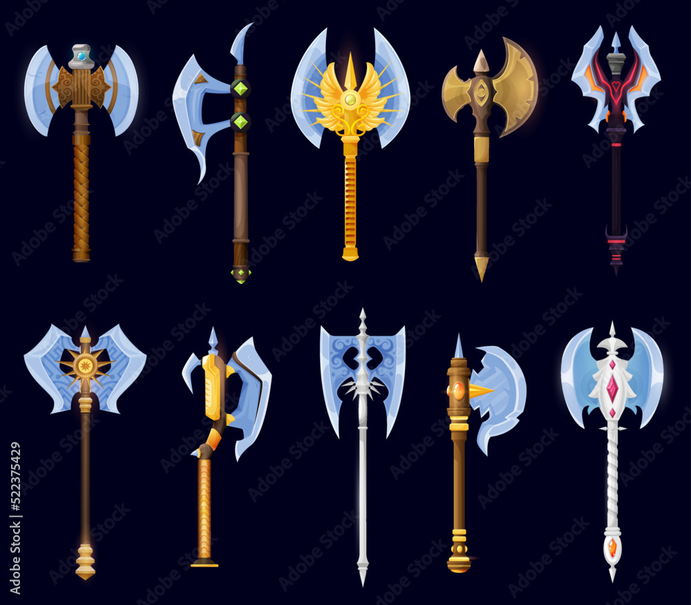 Magical cartoon steel axes, hatchets, spears and lances, vector fantasy  weapon of medieval knight, viking or warrior. Magic game user interface  game asset of bladed weapons with gemstones and ornament Stock Vector