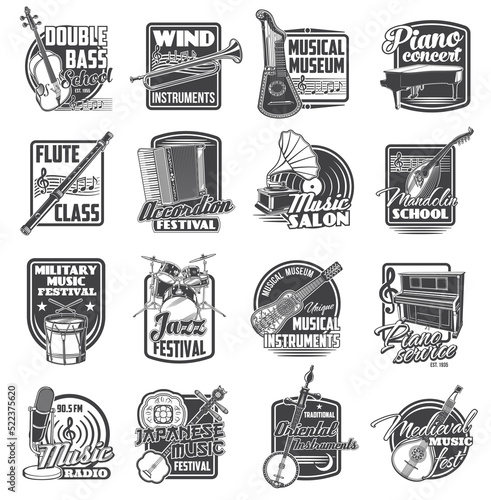 Music instrument, microphone, gramophone and musical notes vector icons. Isolated symbols of piano, drum, trumpet and harp guitar, violin, flute, mandolin and shamisen, vinyl records and accordion