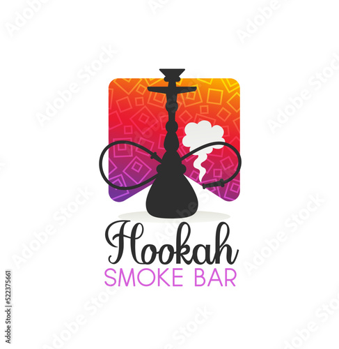 Hookah smoke bar icon of vector shisha or hooka smoking pipe, nargile or sheesha. Lounge bar, tobacco shop or arabic cafe isolated label with silhouettes of hookah or shisha and smoke cloud