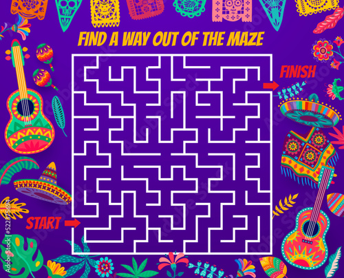 Labyrinth maze game. Cartoon mexican sombrero, guitar, poncho and maracas. Vector square labyrinth maze worksheet, find way game or puzzle in frame of mexican ornaments
