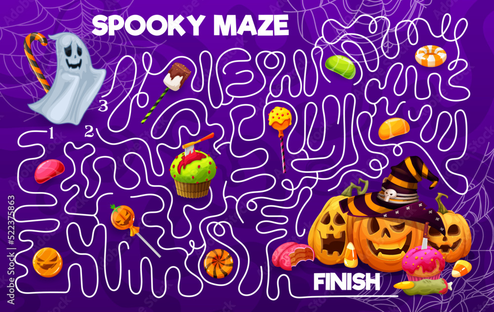 Labyrinth maze, cartoon Halloween holiday pumpkins, cobweb, sweets and ...