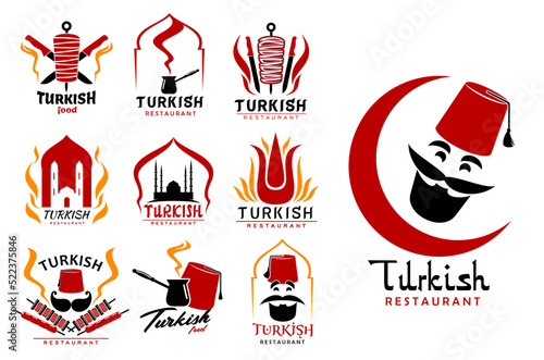 Turkish cuisine food, chef icons and symbols. Turkey fast food restaurant or cafe vector sign, grill bar or coffee shop icons with doner kebab rotisserie, cezve fez red hat and turkish cook face