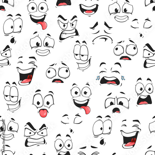 Cartoon face and emoji characters vector seamless pattern. Emoticons with different facial expressions and emotions background of comic faces with happy, cute and sad smiles, angry eyes and cry