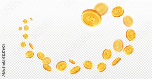 Flying golden coins. Path of jewels and currency. Financial literacy and wealth. Graphic elements for website, poster or banner, decoration of cards with goods. Cartoon flat vector illustration