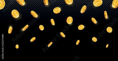 Realistic falling coins. Graphic elements for lottery, poster or banner for website. Wealth and gold, treasures. Congratulations to winners of competition. Cartoon isometric vector illustration