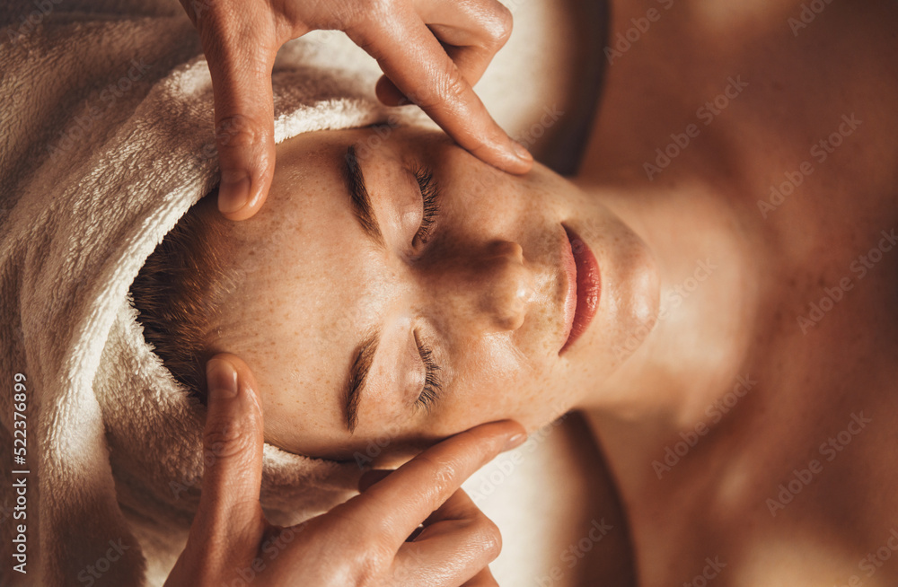 Top view portrait of a woman in spa salon getting face treatment. Spa treatment. Attractive elegant woman. Beauty woman body. Health care, beauty treatment. - obrazy, fototapety, plakaty 