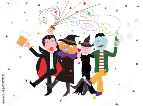 ハロウィンを祝って酒を飲んで踊りだす魔女やジャックオーランタンたち。