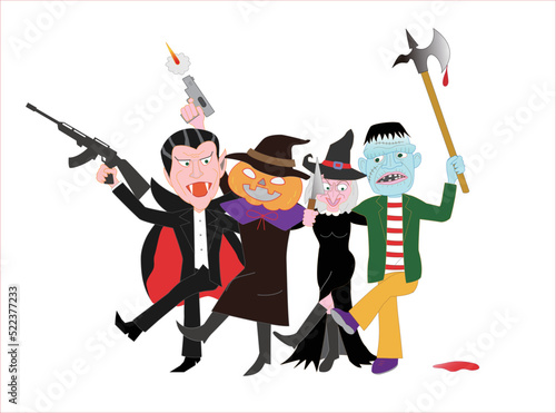 ハロウィンの日に武器を持って、魔女やジャックオーランタンたちに変装している。