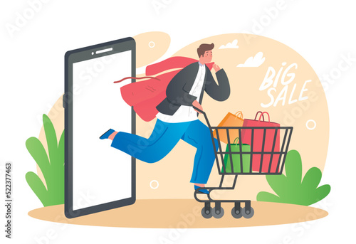 Online shopping concept. Man with purchases hurries home, comfortable and convenient modern service. Digital world and cashless payment, home delivery, logistics. Cartoon flat vector illustration