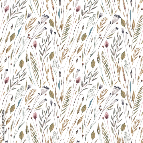 Meadow flowers and herbs seamless pattern. Hand drawn watercolor illustration of dry herbs and flowers background. Herbarium, dry plants background.