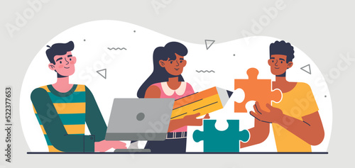 Team at office. Men and girls work on same project. Creative personalities and brainstorming. Employees and colleagues, coworking. Concept of unity and collaboration. Cartoon flat vector illustration