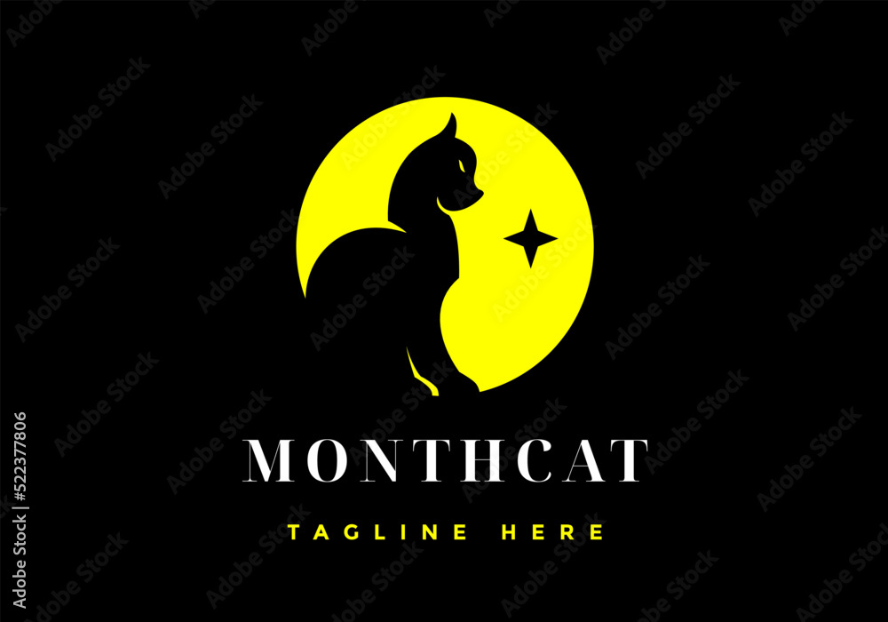 Cat silhouette logo on yellow background.