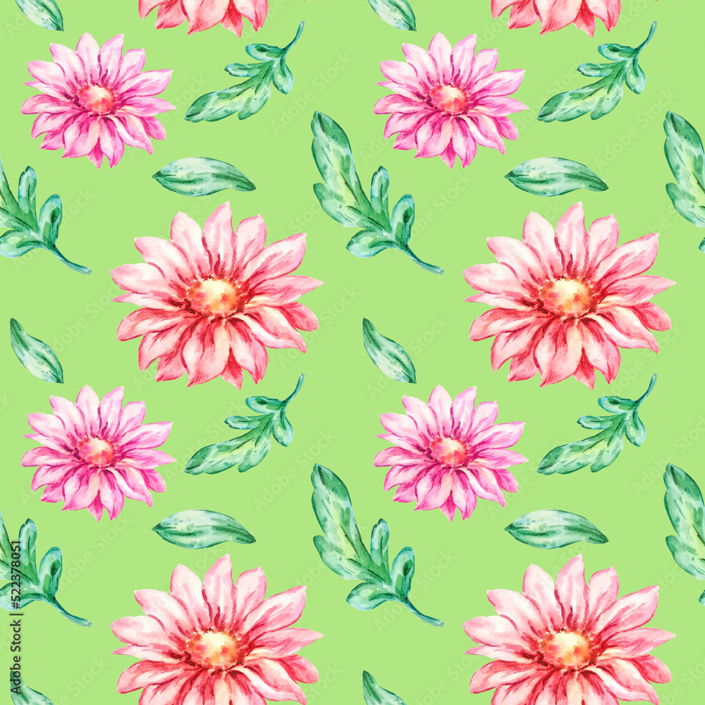 Pattern of watercolor leaves and aster flowers, on a green background Pattern of watercolor leaves and aster flowers, on a green background