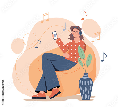 Woman relaxing at home. Young girl in sofa or couch with player. Music lover, comfort and coziness, modern technologies and gadgets. Break from work and study. Cartoon flat vector illustration