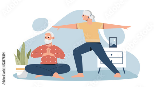 Yoga of elder couple. Grandparents in lotus position, stretching and active lifestyle. Fitness and athletes, meditation. Family takes care of health at home. Cartoon flat vector illustration