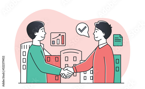 Partners make deal. Men shake hands, investor and entrepreneur conclude contract, successful negotiations. Partnership and collaboration, development of organizations. Cartoon flat vector illustration