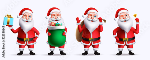 Santa christmas character vector set. Santa claus 3d characters standing and holding gifts, bag and bell elements for xmas friendly collection design. Vector illustration.
