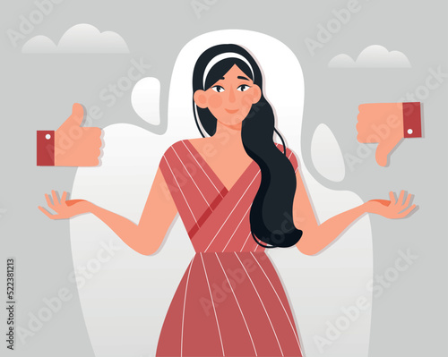 Do and Dont. Girl evaluates options, makes decision. Thoughtful and lost character, mental dead end. Suggestion, advice or rules, woman avoids error or mistake. Cartoon flat vector illustration