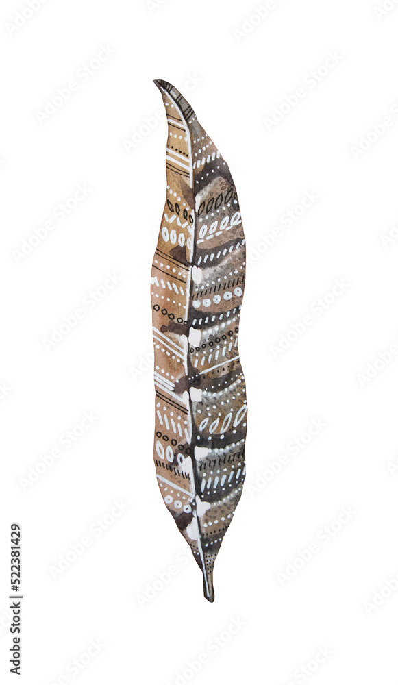 Watercolor brown and black bird feather with stripe isolated on white background. Hand-drawn plume. Wildlife tropic art. Creative clipart for sticker wallpaper wrapping. Celebration wedding invite Watercolor brown and black bird feather with stripe isolated on white background. Hand-drawn plume. Wildlife tropic art. Creative clipart for sticker wallpaper wrapping. Celebration wedding invite