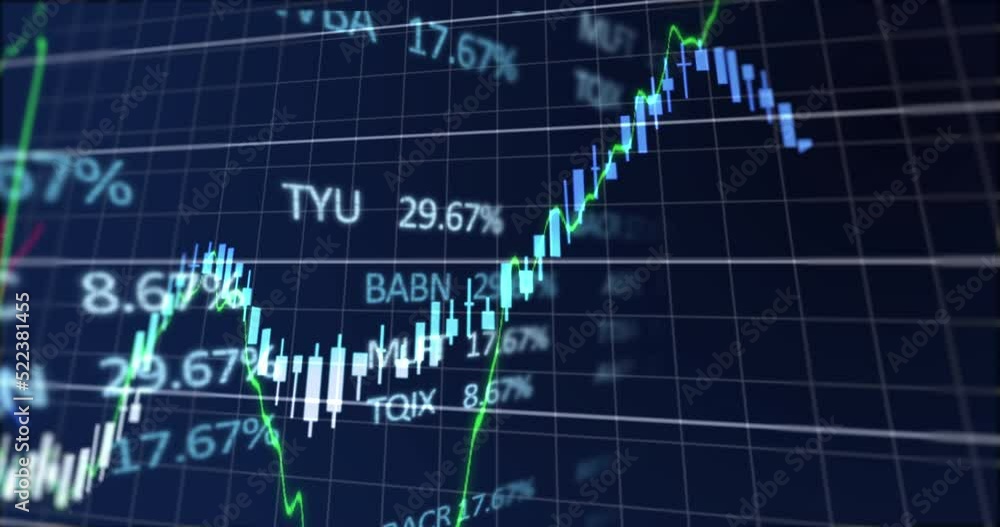 Digital animation of financial and stock market data processing against blue background Digital animation of financial and stock market data processing against blue background