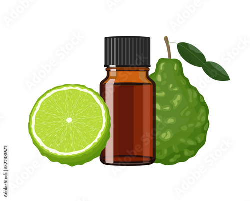 Bergamot essential oil in brown glass bottle, herbal alternative medicine treatment product, vector Illustration on white background