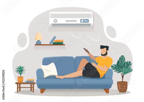 Man relaxing at home. Young guy on couch with remote control turns off air conditioner. Comfort and convenience. Weekends and lazy person, hot weather at summer. Cartoon flat vector illustration