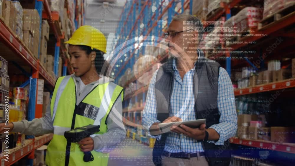 Animation of data processing over female worker and male supervisor checking stock at warehouse Animation of data processing over female worker and male supervisor checking stock at warehouse