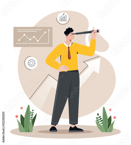 Prediction growth concept. Man looking through binoculars. Financial literacy, leadership and motivation. Entrepreneur sets goals and plans development of company. Cartoon flat vector illustration