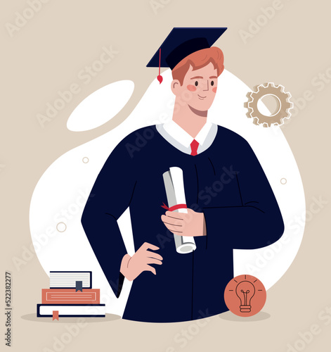 Student with diploma. Guy with certificate successfully completed his studies at university. Graduation of young specialist, diploma defense, concept of education. Cartoon flat vector illustration