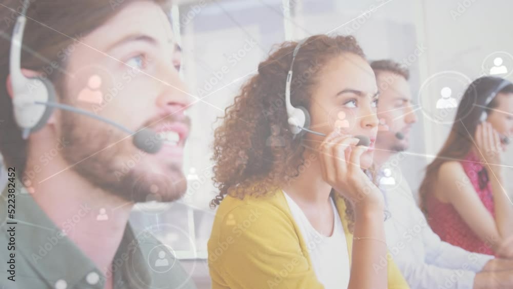 Animation of network of profile icons over diverse male and female customer care executives working Animation of network of profile icons over diverse male and female customer care executives working