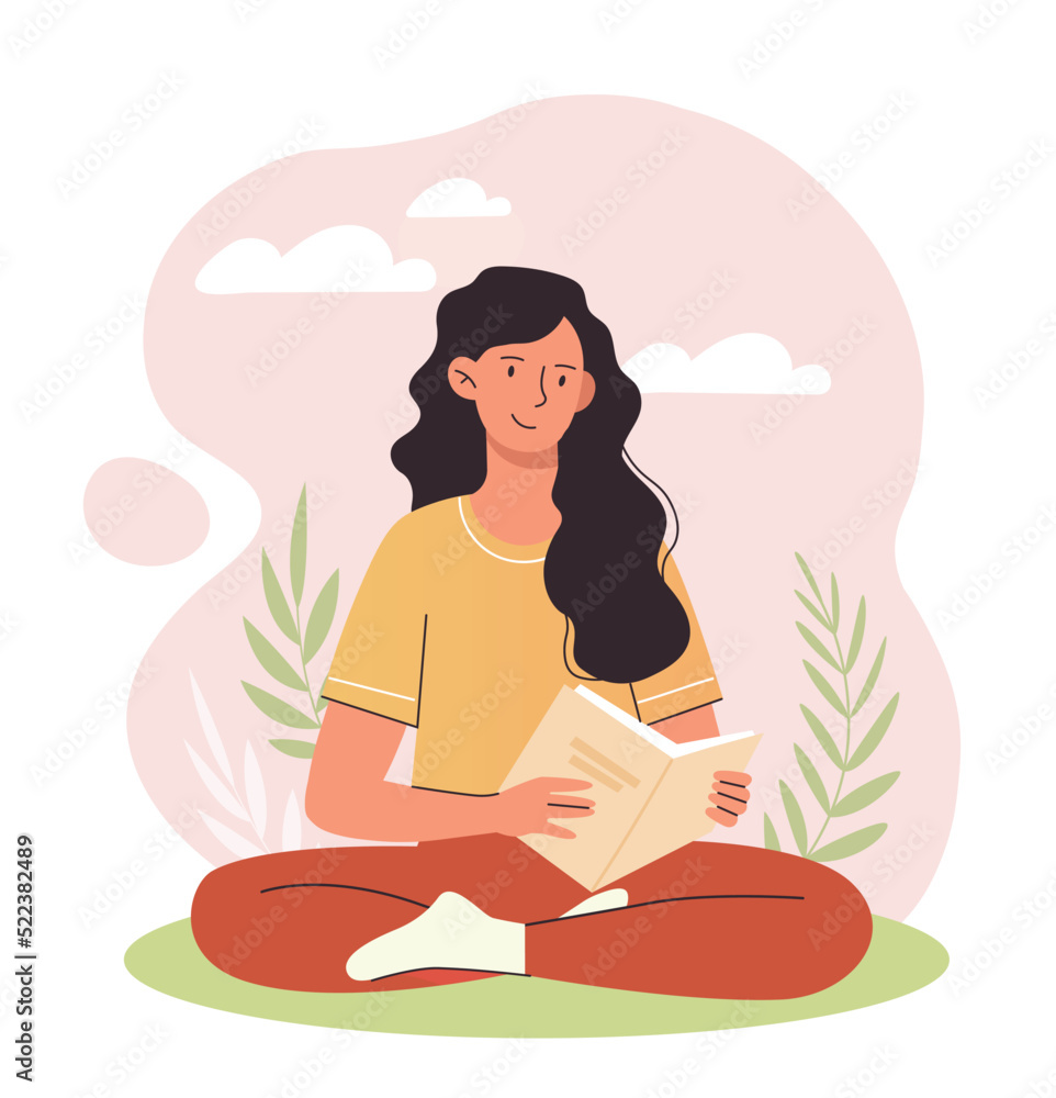 Concept of cultural hobby. Young woman sitting in park with book. Rest after work and weekends. Love for literature, distance education and self development. Cartoon flat vector illustration Concept of cultural hobby. Young woman sitting in park with book. Rest after work and weekends. Love for literature, distance education and self development. Cartoon flat vector illustration