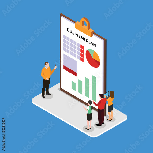 Businessman showing and explaining business plan to his colleagues isometric 3d vector illustration concept for banner, website, illustration, landing page, flyer, etc.