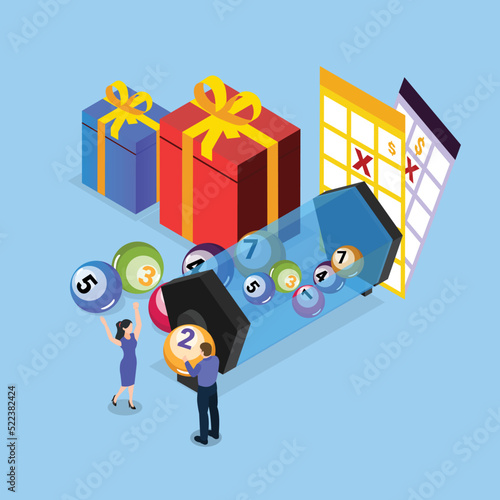 People winning lottery, getting gift box, drawing crosses on tickets isometric 3d vector illustration concept for banner, website, illustration, landing page, flyer, etc.