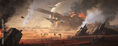 Fierce war on alien ruins, 3D illustration.