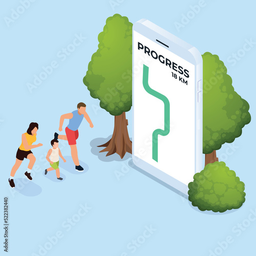 Family with son Using Running App on Smartphone isometric 3d vector illustration concept for banner, website, illustration, landing page, flyer, etc.