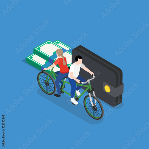 Divorce married couple riding tandem bicycle in different direction isometric 3d vector illustration concept for banner, website, illustration, landing page, flyer, etc.