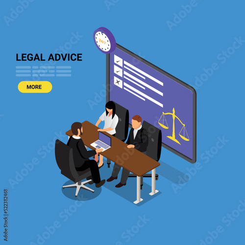 Lawyer discussing with clients, judge consultation isometric 3d vector illustration concept for banner, website, illustration, landing page, flyer, etc.