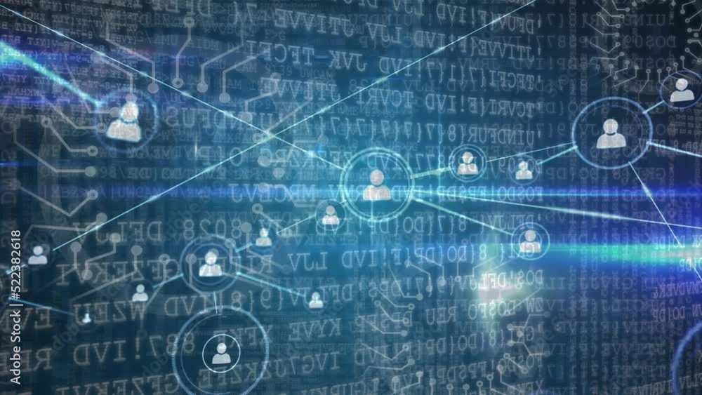 Animation of network of profile icons over data processing and spot of light against blue background