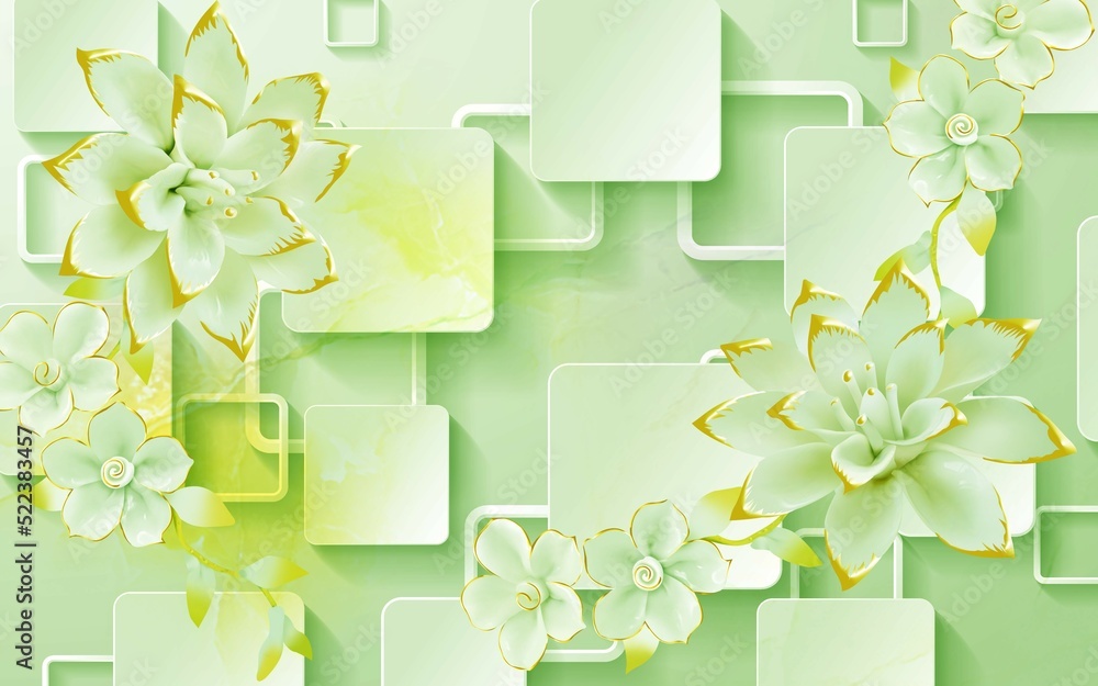 Beautiful luxury green flowers with square stone texture background for