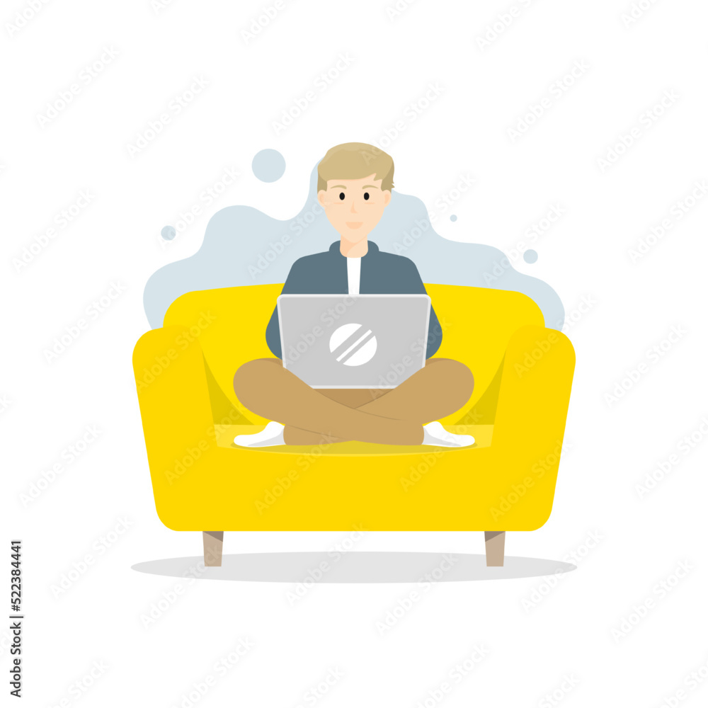 Cartoon young man sitting sofa with laptop, Vector illustration. Cartoon young man sitting sofa with laptop, Vector illustration.