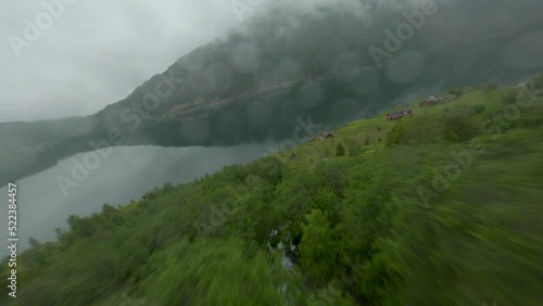 Aerial flight dowhill over forest trees, plants and houses on mountain towards lake during rainy day photo