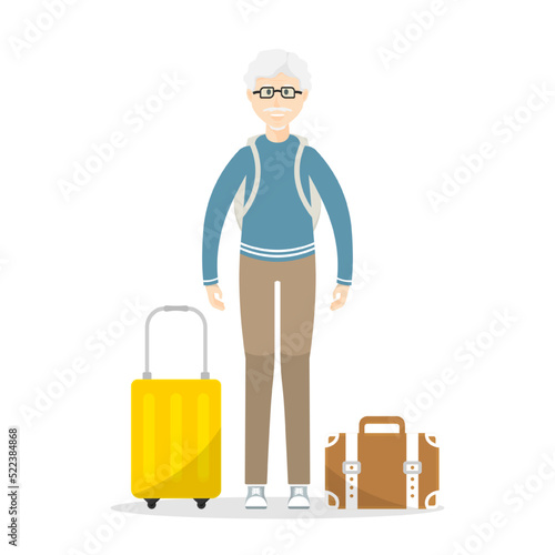 Cartoon human design, Elderly man to travel on isolated background, Vector illustration.