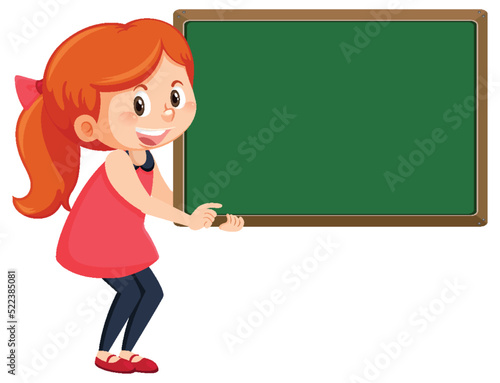 Cute girl with empty chalkboard isolated