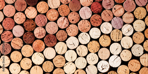 Banner of wine cork from red and white wine  natural texture used bottle stoppers top view  color gradient. Horizontal background from closeup wooden corks. Natural stoppers color wide banner