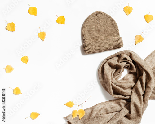 Knitted hat, wool scarf, yellow autunm leaves on white background. Fashion warm clothing concept photo