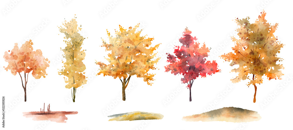 Watercolor hand drawn set with illustration of autumn colorful ...